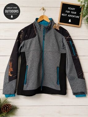 🦌Mossy Oak Yukon Gear Lightweight Zip Up Jacket Gray Camo Teal Size S/P